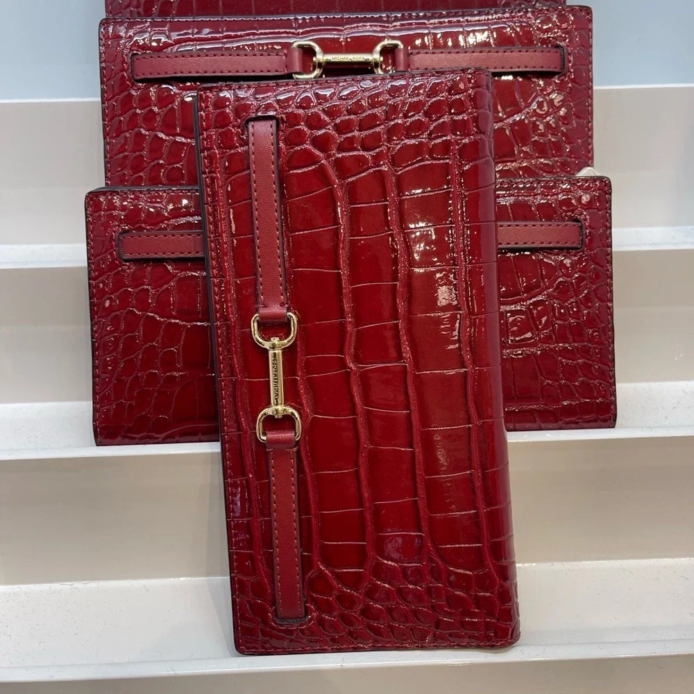 MICHAEL KORS Carson Large Snap Crocodile Embossed Bifold Wallet Cherry  NWT